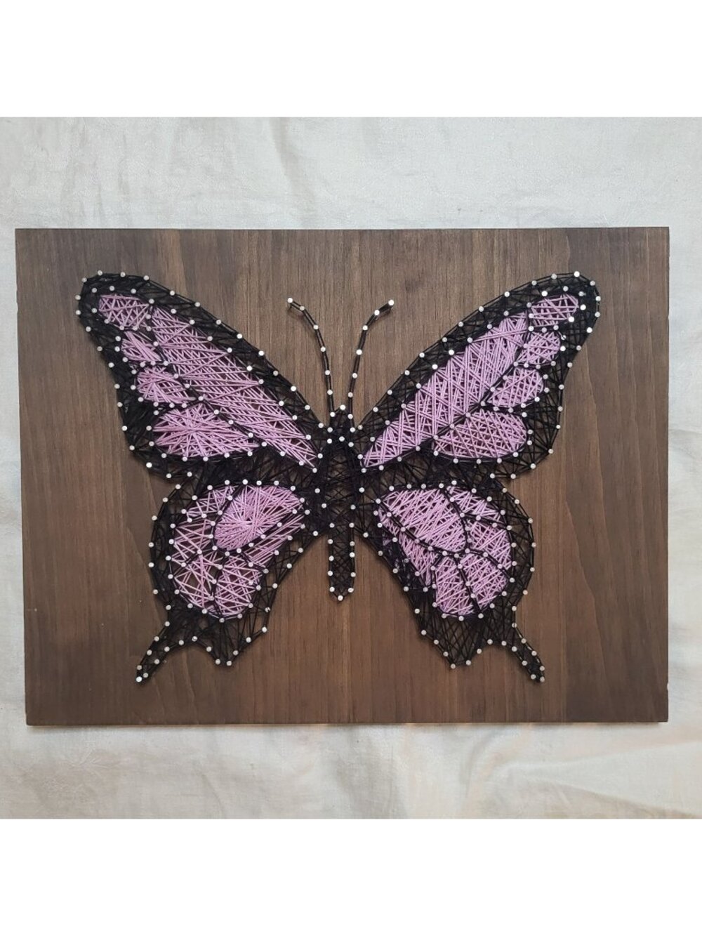 Vtg Handcrafted String Art Butterfly Picture Pink & Black on Dark Wood 16"x12"